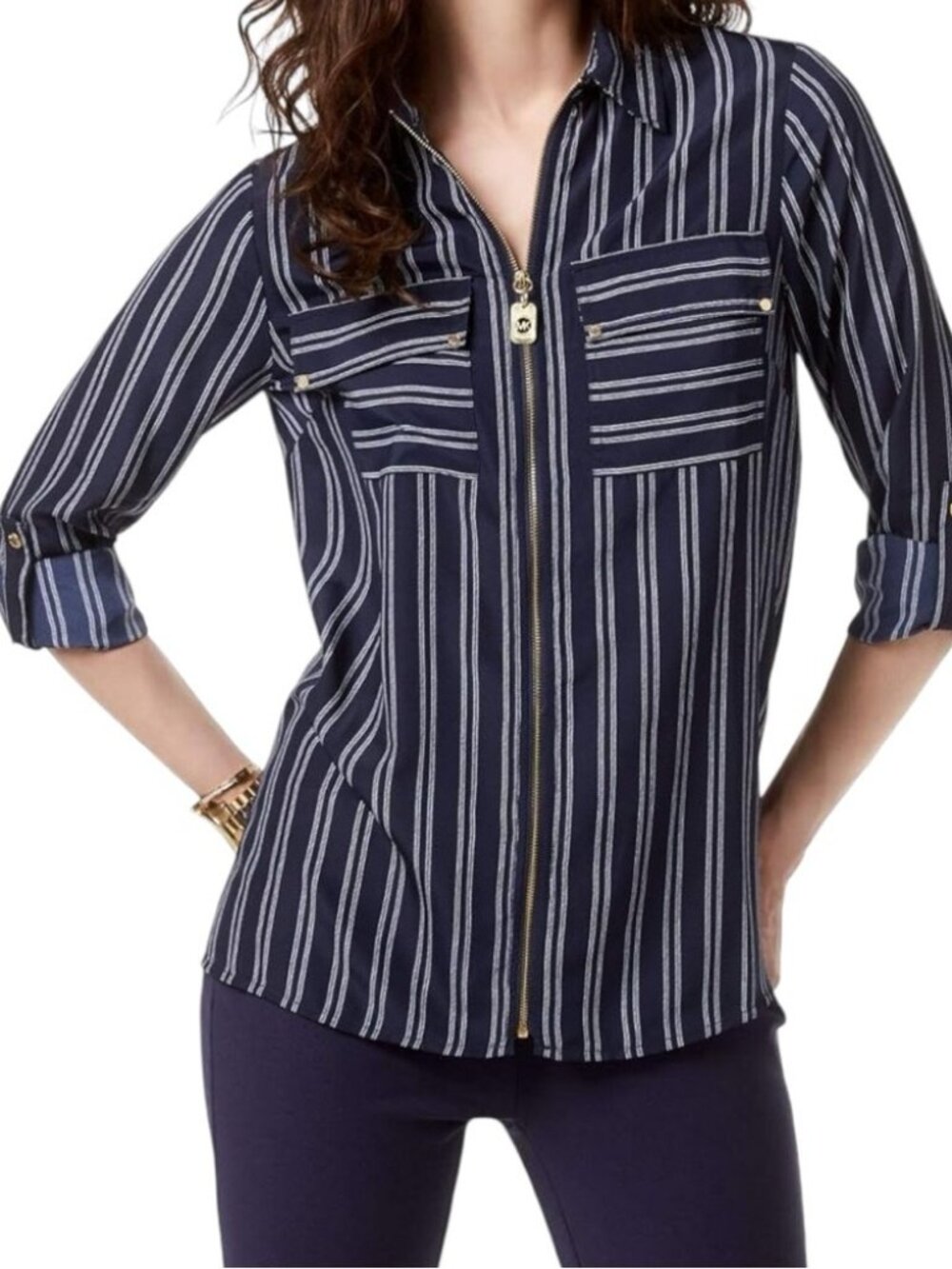 Michael Kors Navy Striped Front Pockets Roll Sleeve Hi Lo Full Zip Tunic | M